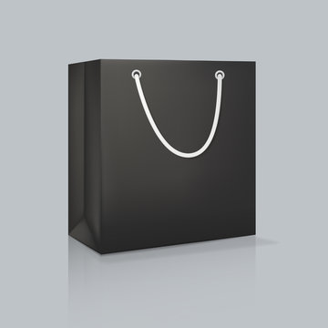 Mockup Of Realistic Black Paper Bag. Corporate Identity Blank Packaging.