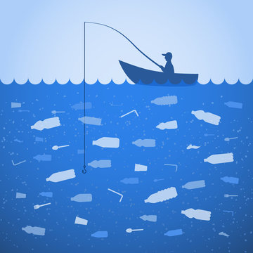 Stop Ocean Plastic Pollution. Ecological Poster. Fisherman Fishing. There Are Plastic Garbage, Bottle On Blue Background In The Water. Plastic Problem. No Fish.