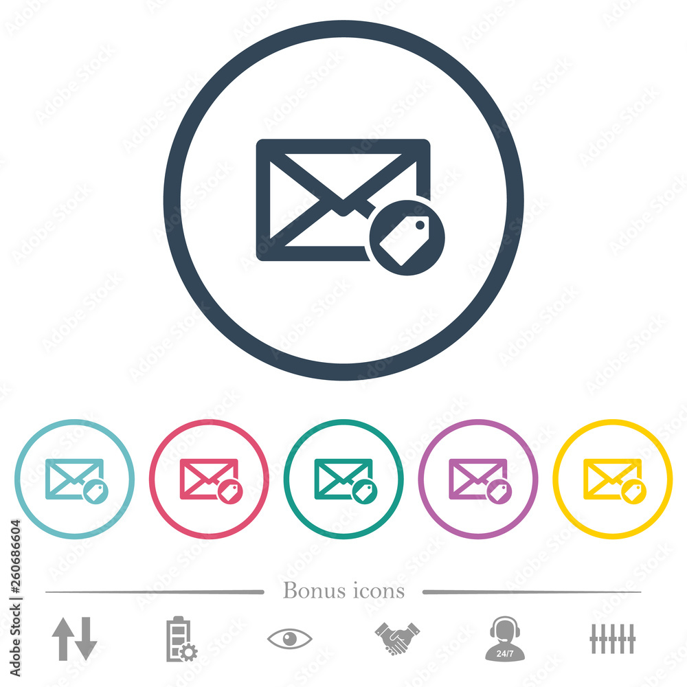 Poster tagging mail flat color icons in round outlines