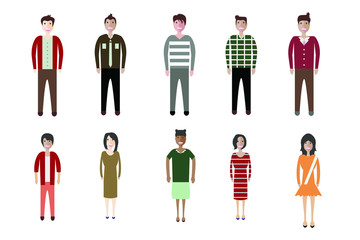 Young people, teenagers and students. Fashion man and woman in modern clothes. Different characters stay on white background