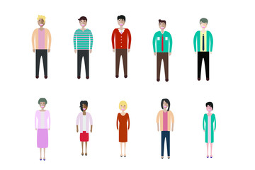 Young people, teenagers and students. Fashion man and woman in modern clothes. Different characters stay on white background