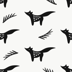 Black fox and fir branches vector seamless pattern in scandinavian style. Hand drawn monochrome illustration