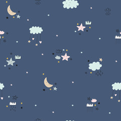 Cute seamless pattern for kids, baby apparel, fabric, textile, wallpaper, bedding, swaddles with stars, clouds, hearts, moon