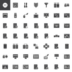 Database system vector icons set, modern solid symbol collection, filled style pictogram pack. Signs, logo illustration. Set includes icons as data protection, data storage analysis, flash drive pen