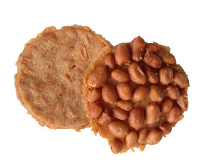 Fried peanuts strips some snack style Thai sweet taste, crisp on White background isolated.