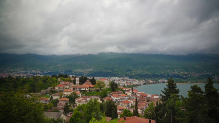 Fototapeta premium Panoramic aerial view to Ohrid lake and city from Samuels Fortress, North Macedonia