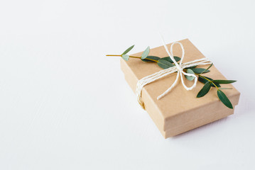Craft gift box with green brunch on white background. Copy space for text.