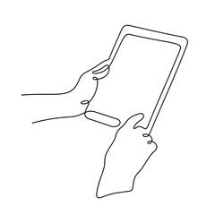 Hands using digital tablet continuous line vector illustration
