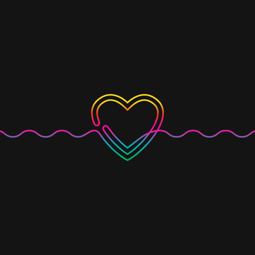 Continuous line drawing of heart and wavy line, Rainbow colors on black background vector minimalistic linear illustration of love concept made of one line
