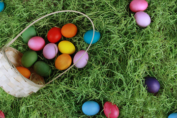 Fototapeta na wymiar Colorful eggs scattered from basket on green grass. Easter background or egg hunt concept. Pink, yellow, green, orange eggs, hay, top view