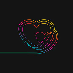 Continuous line drawing of two hearts, Vivid gradient colors on black background vector minimalist linear illustration of family and love concept made of one line