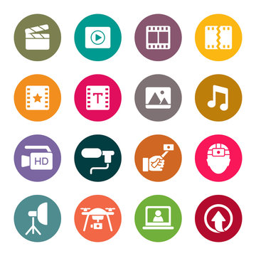 Video production, editing and publishing vector icons