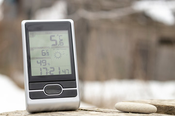 home weather station on the street shows the weather forecast