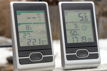 two home weather station on the street shows the weather forecast
