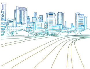 Tel Aviv, Israel. Urban landscape.Colorful ink line sketch on white background. Vector illustration.