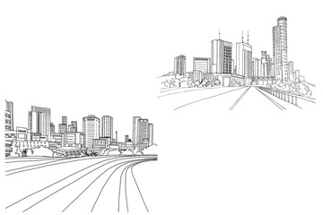 Modern urban landscapes. Hand drawn line sketches. Tel Aviv, Israel. Vector illustration on white