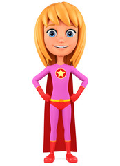 Character cartoon girl in costume hero hands in hips. 3d rendering. Illustration for advertising.