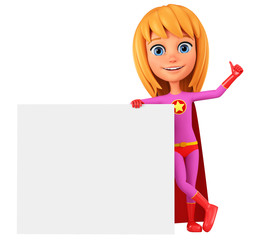 Character cartoon girl in a hero costume leaned against a blank board and shows thumb up. 3d rendering. Illustration for advertising.