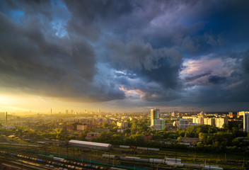 Fototapeta premium Beautiful sunset in Yekaterinburg city downtown at summer evenin