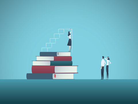 Power of education and knowledge vector concept. Girl, woman standing on top of books drawing steps. Symbol of ambition, motivation, confidence, excellence, talent and skill.