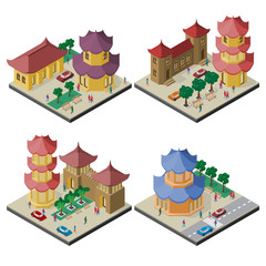 Set of isometric cityscapes with east asia buildings and infrastructure.