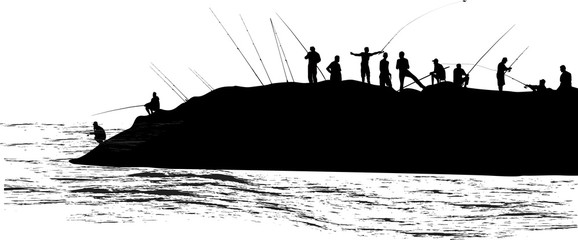 large fishermen group silhouettes isolated on white