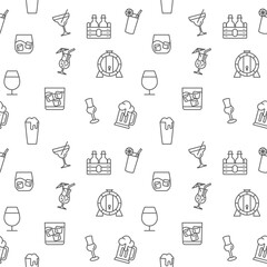 Drink icons seamless pattern grey vector on white background. Collection Of beer, wine, bottle, cocktail, oak barrel. Template for design fabric, backgrounds, wrapping paper.
