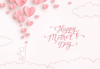 Fototapeta na wymiar Postcard with paper flying elements and child on pink cloudy background. Vector symbols of love in shape of heart for Happy Mother's Day greeting card design.