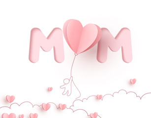 Postcard with flying child and paper balloons on pink background. Vector symbols of love in shape of heart for Happy Mother's Day greeting card design.