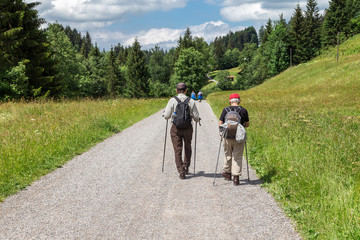 Obraz premium Old and fit. Seniors hiking in the Trettach valley near Oberstdorf, Allgau, Bavaria.