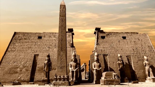 Entrance to Luxor Temple at sunset, a large Ancient Egyptian temple complex located on the east bank of the Nile River in the city today known as Luxor (ancient Thebes)