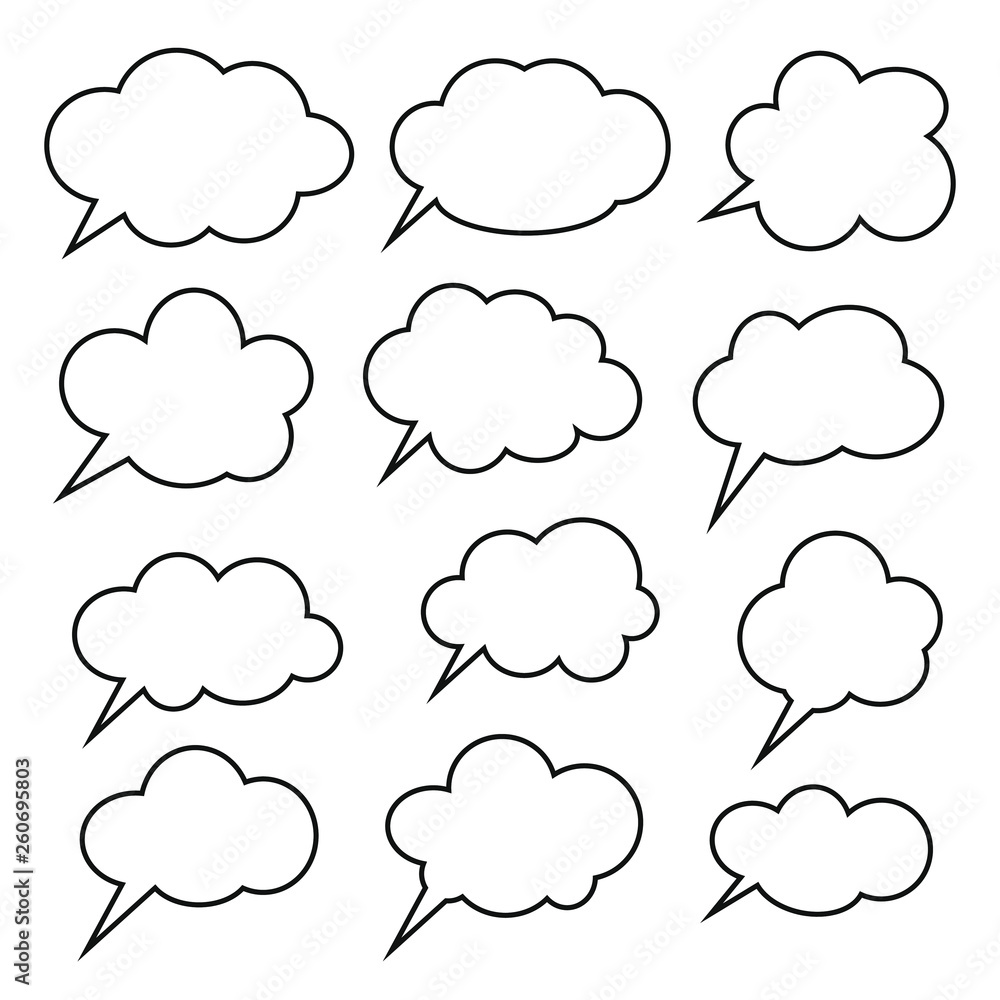 Poster thinking cloud, dialog box line icon, chat cartoon bubbles. blank empty line speech bubbles.