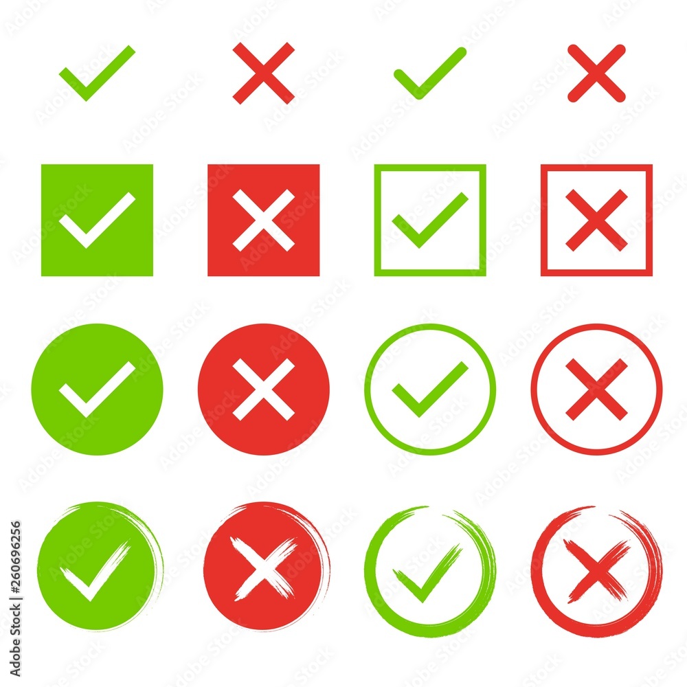 Poster set of chek marks. green tick and red cross. yes or no accept and decline symbol. buttons for vote, 