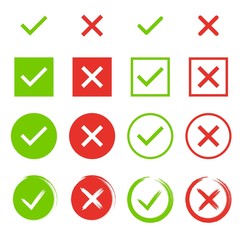 Set of chek marks. Green tick and red cross. YES or NO accept and decline symbol. Buttons for vote, election choice. Empty, square frame, circle and brush. Check mark OK and X icons.