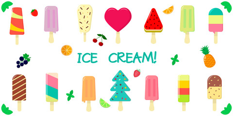 A set collection of fourteen types of various sweet ice-cream, with fruit and chocolate flavor on a stick, juicy fruits and berries on a white background and text. Flat style vector illustration