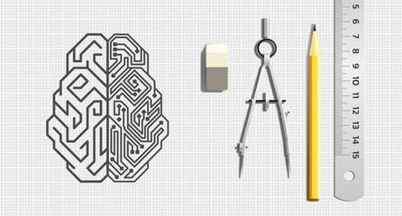 Designing an Artificial Intelligence. Pictogram of a cybernetic brain pictured by drawing tools which is lying beside of it. Illustration on the subject of 'Future Technologies'.