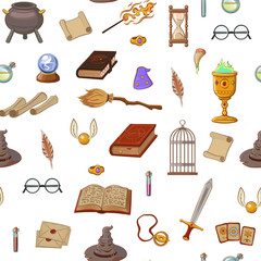 Magic pattern with: wizard, hat, magic book, roll, potion, broom, crystal ball, glasses, snitch.