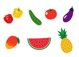 Summer vegetables and fruits icon set