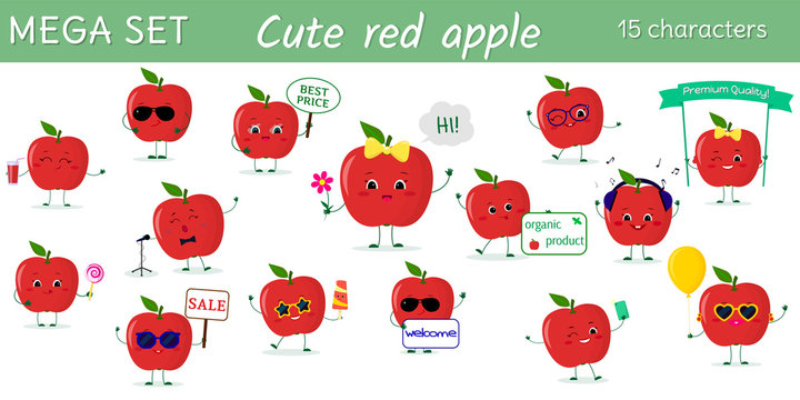 Mega set of fifteen cute kawaii red apples characters in various poses and accessories in cartoon style. Vector illustration, flat design