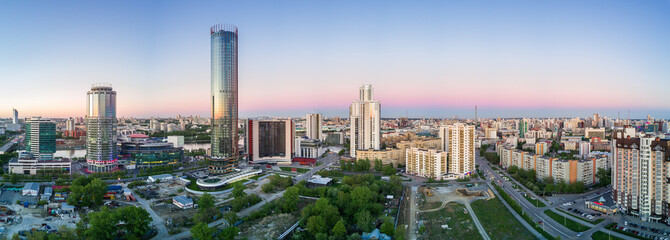 Fototapeta na wymiar Aerial shot of the Yekaterinburg city centre at sunny summer evening