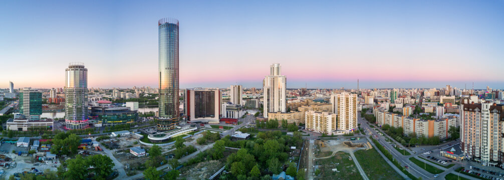 Aerial shot of the Yekaterinburg city centre at sunny summer evening
