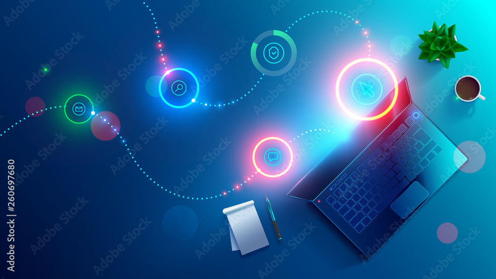 Fototapete Software development, working on laptop. Night workplace of coder top view . programming of online internet website. Desktop application design concept. Abstract computer icons hovered over keyboard