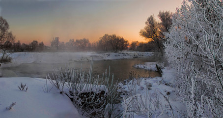 landscape frost on the river at sunrise