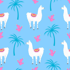 Alpaca. Lama, cactus and palm trees. Seamless pattern for nursery, textile, kids apparel.