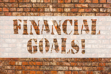 Word writing text Financial Goals. Business photo showcasing targets usually driven by specific future financial needs Brick Wall art like Graffiti motivational call written on the wall