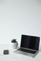Fototapeta premium laptop with blank screen, smartphone and flowerpot isolated on grey