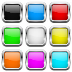 Square buttons. Glass colored icons with chrome frame