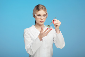 The concept of science, the study of plants and products. GMO test. Scientist biologist and...