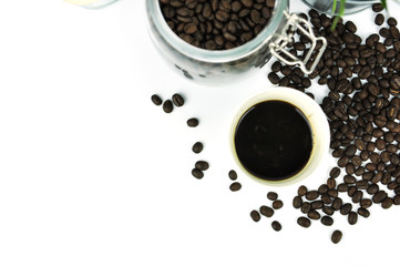 coffee bean and hot coffee in paper glass