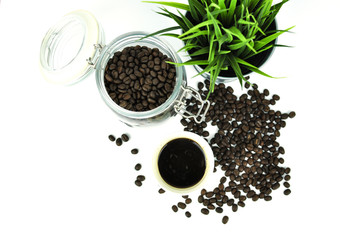 coffee bean and hot coffee in paper glass